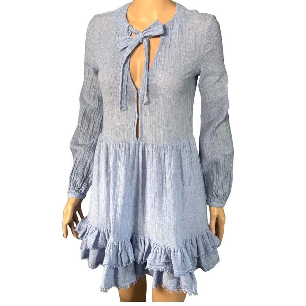 The East Order Light Blue Ruffle Mini Dress Tie‎ Neck Long Sleeve Boho XS